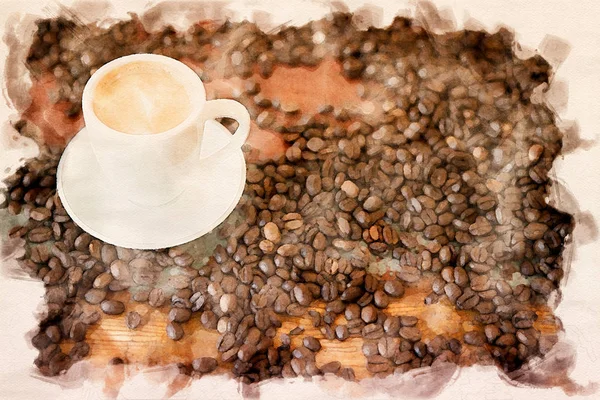 탁자 위에 놓인 커피와 콩 한 잔 — 스톡 사진