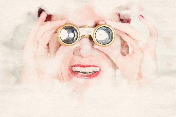 Retrato de mujer mirando a través de prismáticos — Foto de Stock