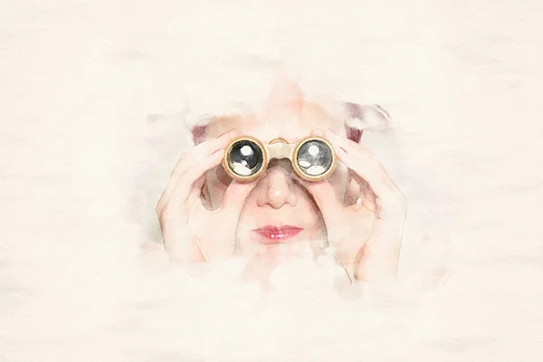 Portrait of woman looking through binoculars — Stock Photo, Image