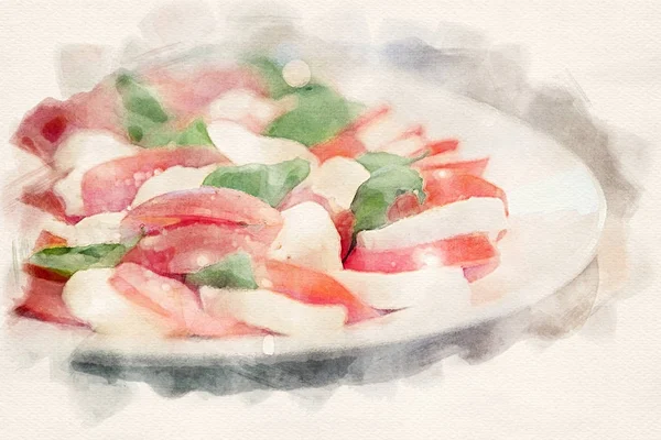 Primer plano de un plato con mozarella, tomate y albahaca —  Fotos de Stock