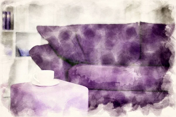 水彩画のカップと紫色のソファ — ストック写真