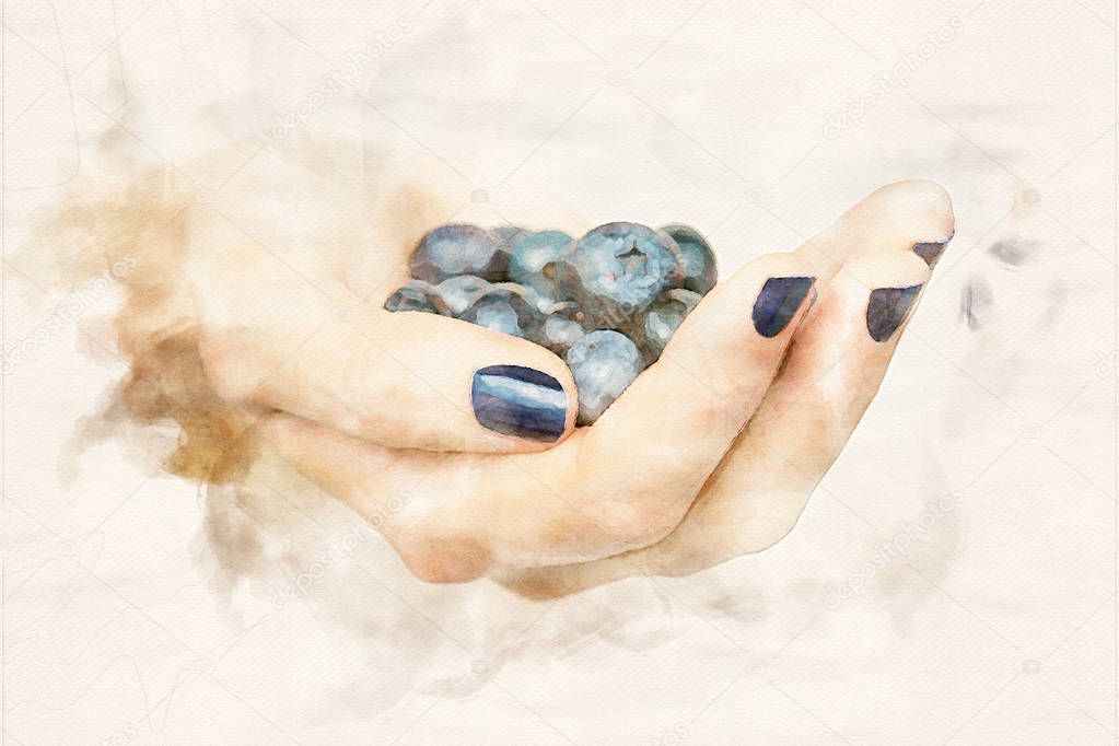 close-up of womans hand holding blueberries