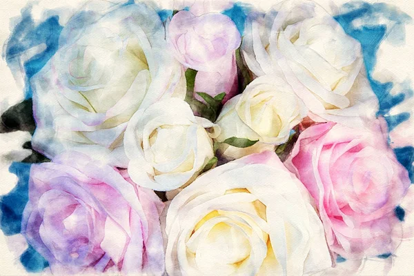 Zbliżenie bukiet róż na niebieskim tle — Zdjęcie stockowe