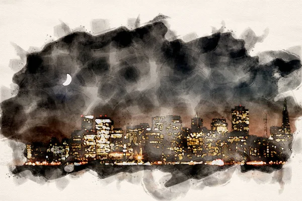 Panorama San Franciska v noci v akvabarvách — Stock fotografie