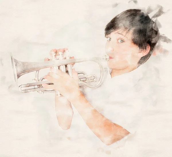 Портрет мальчика, играющего на трубе — стоковое фото