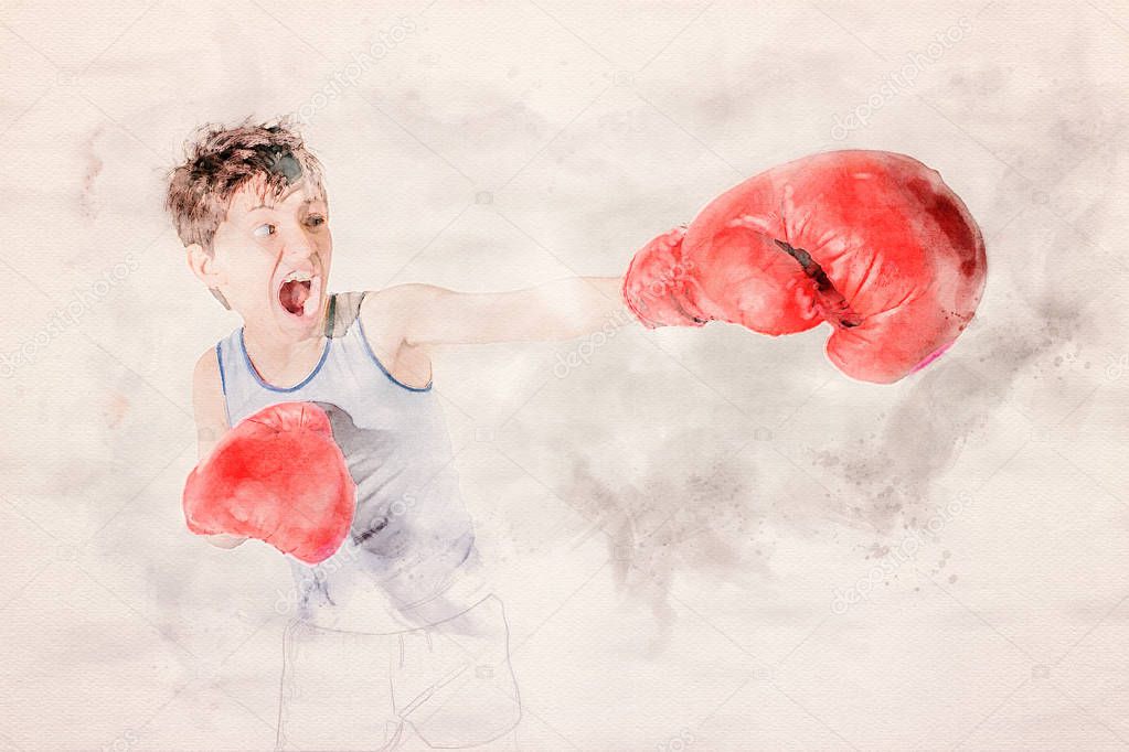 portrait of young boy boxing with red gloves