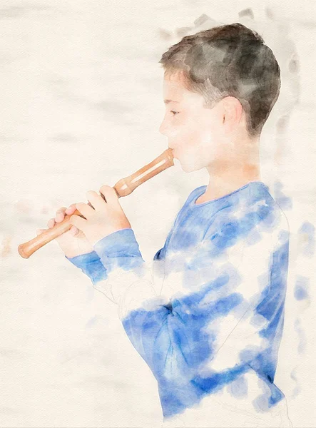 Boy playing on a flute in watercolors — Stock Photo, Image