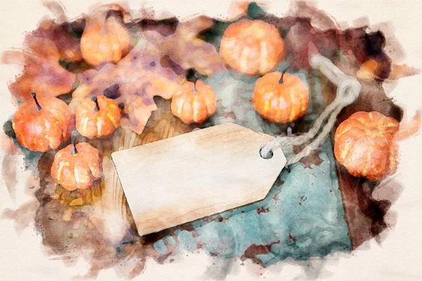 Wooden tag on old vintage wooden table with pumpkins and leaves — 스톡 사진