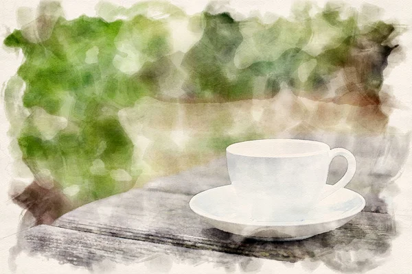 Cup on wooden table outdoors in watercolors — Stock Photo, Image