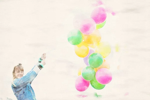 Νεαρή γυναίκα σε εξωτερικούς χώρους κρατώντας πολύχρωμα μπαλόνια — Φωτογραφία Αρχείου