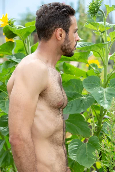 Bello uomo senza camicia in piedi all'aperto in giardino — Foto Stock