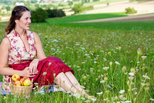 Jonge brunette vrouw in Dirndl zittend in een veld van bloemen op — Stockfoto