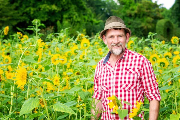 英俊的巴伐利亚男子在50多岁站在阳光的田野 — 图库照片