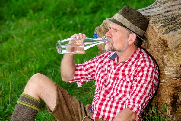 Bonito bávaro homem sentado ao ar livre no coto da árvore e beber — Fotografia de Stock