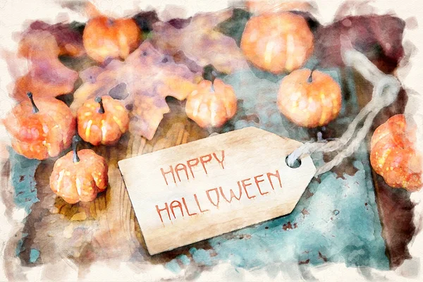 Buon Halloween su etichetta di legno con zucche e foglie — Foto Stock
