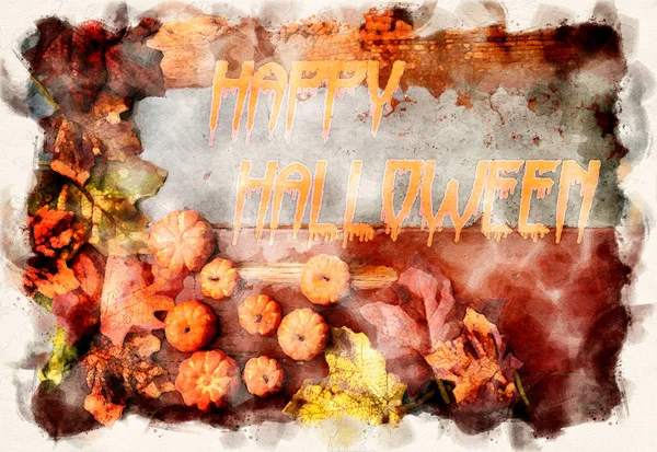 Joyeux Halloween sur planche en bois avec citrouilles et feuilles — Photo