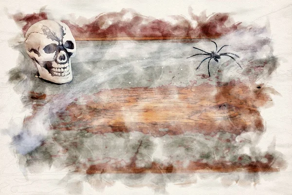 Череп и паук на деревянном столе — стоковое фото