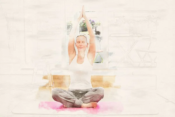 Blond Kvinna Gör Yoga Sitt Vardagsrum Akvareller — Stockfoto
