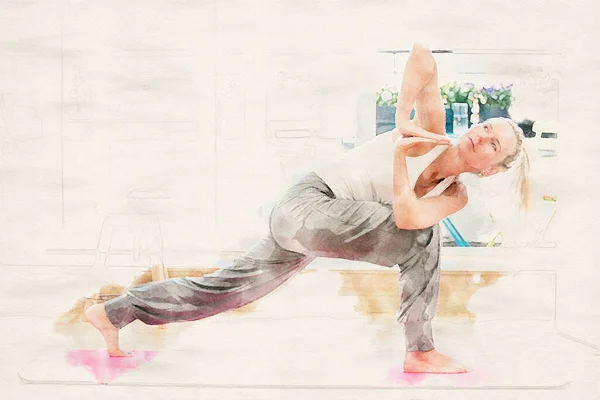 Blond Woman Doing Yoga Her Living Room Watercolors — Stock Photo, Image