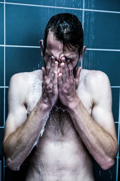 Young Red Haired Man Taking Shower Soap Burning His Eyes — Stock Photo, Image