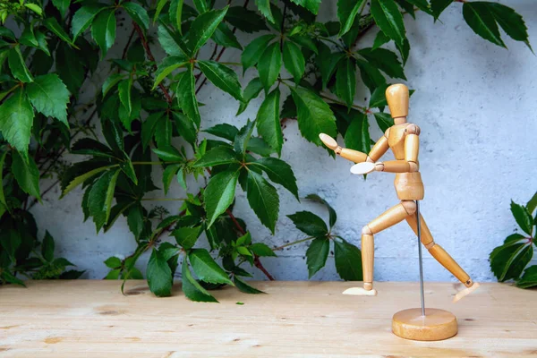 Small Wooden Figure Running Front Grey Wall Plant — Stock Photo, Image