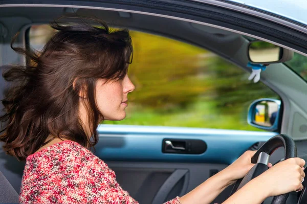 Young Brunette Woman Sitting Car Driving Fast — Stock Photo, Image