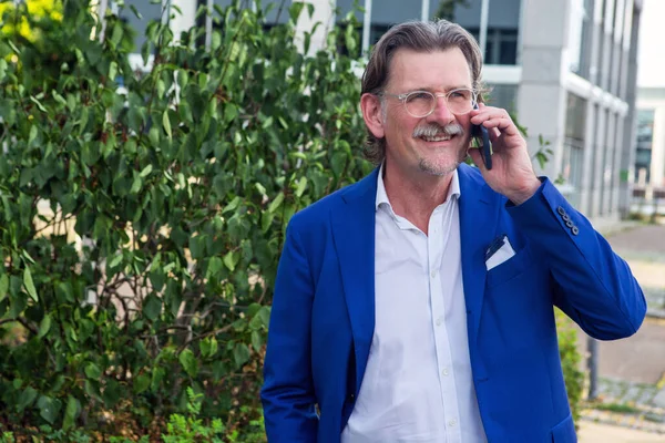 Portrait Businessman His 50S Standing Talking Phone — Stock Photo, Image