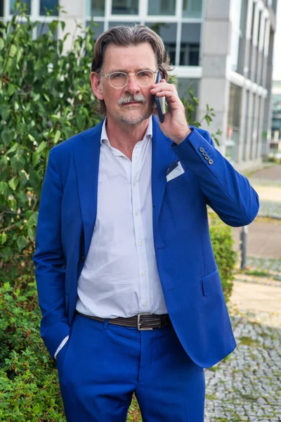 Portrait Businessman His 50S Standing Talking Phone — Stock Photo, Image