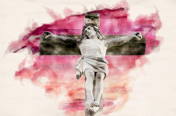 Detail Kříže Ježíšem Červenou Oblohou Akvarelech — Stock fotografie