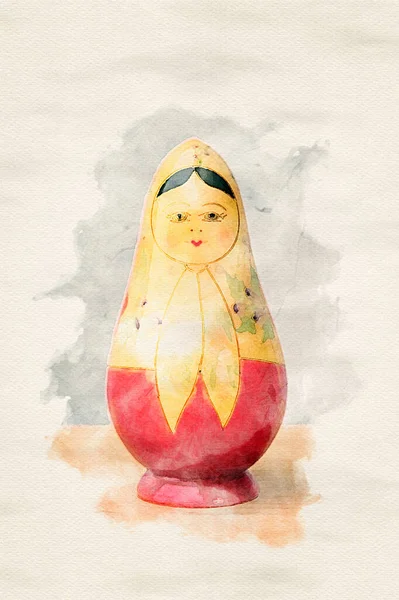 one russian doll on table in watercolors