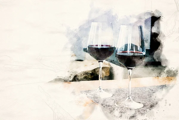 Close Dois Copos Vinho Tinto Mesa Aquarelas — Fotografia de Stock