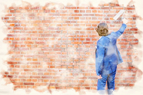 Άνδρας Μπλε Κοστούμι Ρολό Χρώμα Τοίχο Από Τούβλα Ακουαρέλες — Φωτογραφία Αρχείου