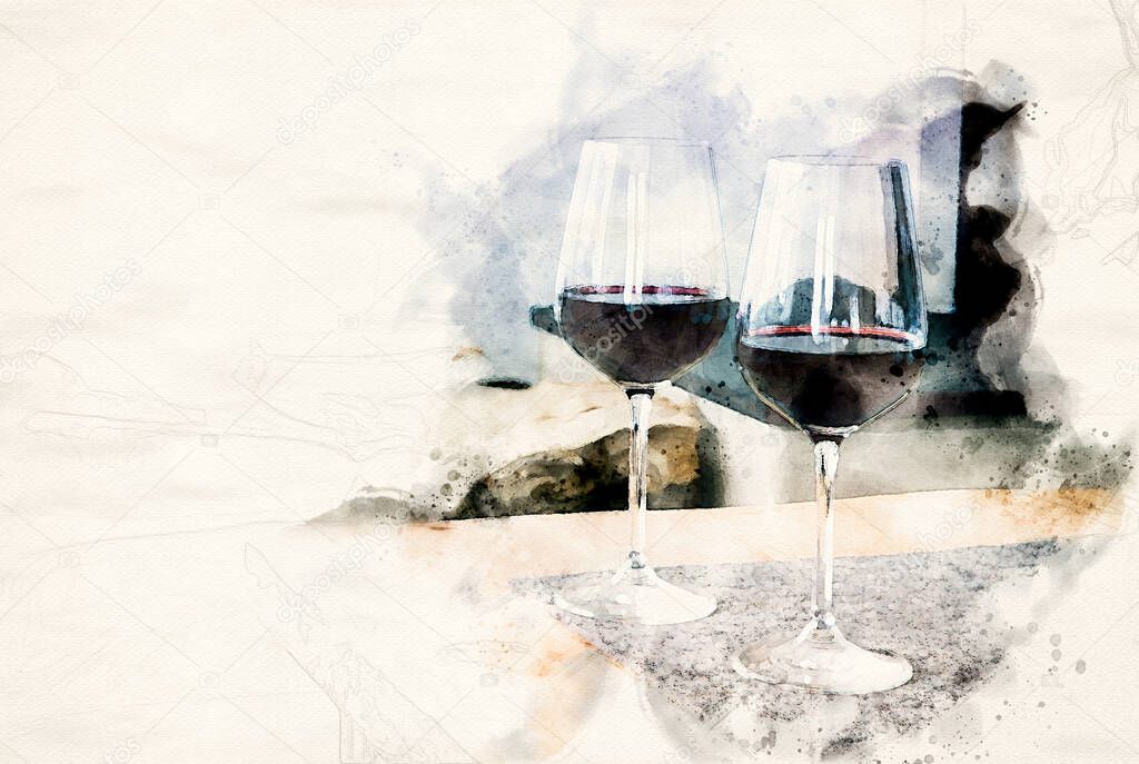 close-up of two glasses of red wine on table in watercolors