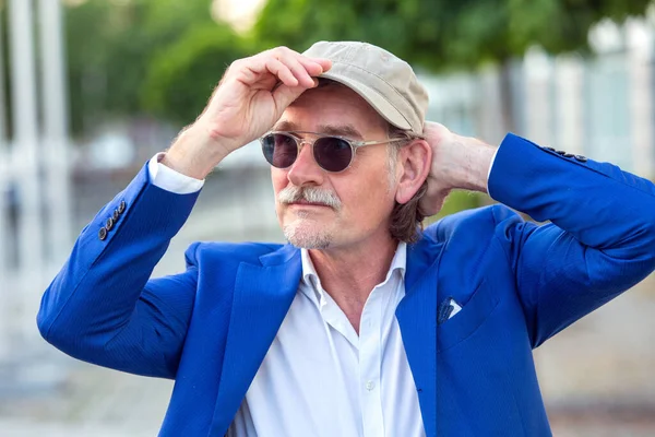 Portrait Handsome Businessman His 50S Sunglasses Fixing His Hat — Stock Photo, Image