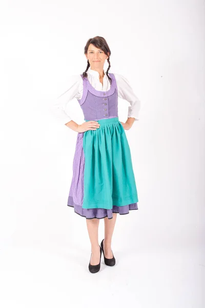 Young Brunette Woman Bavarian Dirndl Standing White Background — Stock Photo, Image