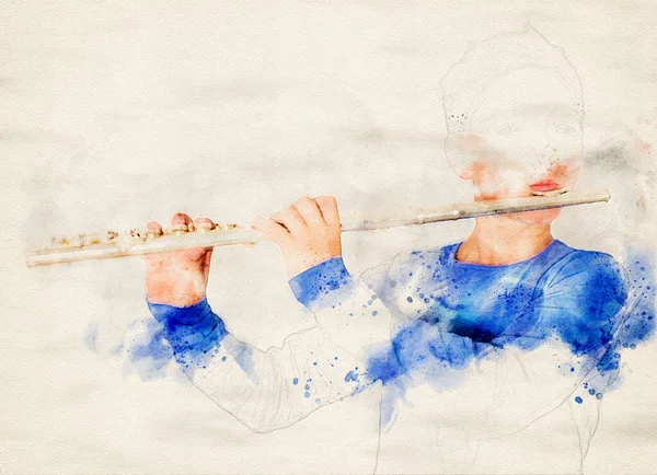 Portrait Boy Playing Flute Watercolors — Stock Photo, Image