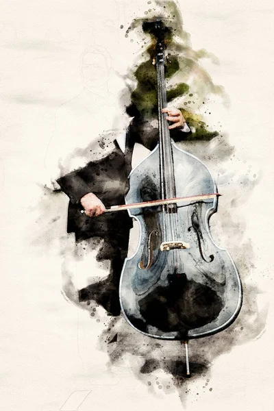 Férfi Szmokingban Játszik Nagybőgő Akvarellben — Stock Fotó