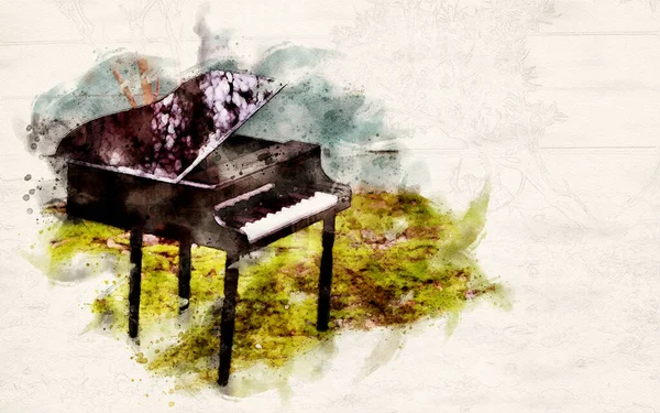 水彩画の芝生の上の黒いおもちゃのピアノ — ストック写真
