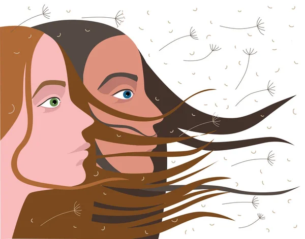 一方では2人の女性が先を見ている 風が髪を発達させる 綿毛や花々が宙を舞う — ストックベクタ