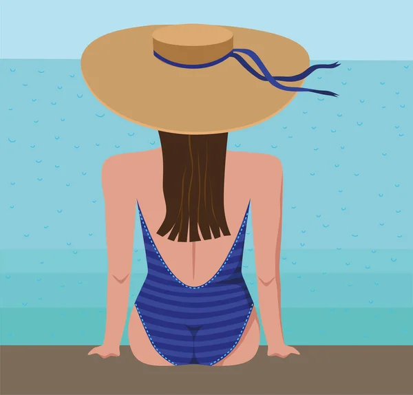 海を背景に水着と藁帽子の女性のシルエット — ストックベクタ