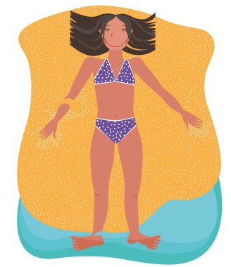 Genç bir kadın kumsalda, ayakları suyun içinde yatıyordu.