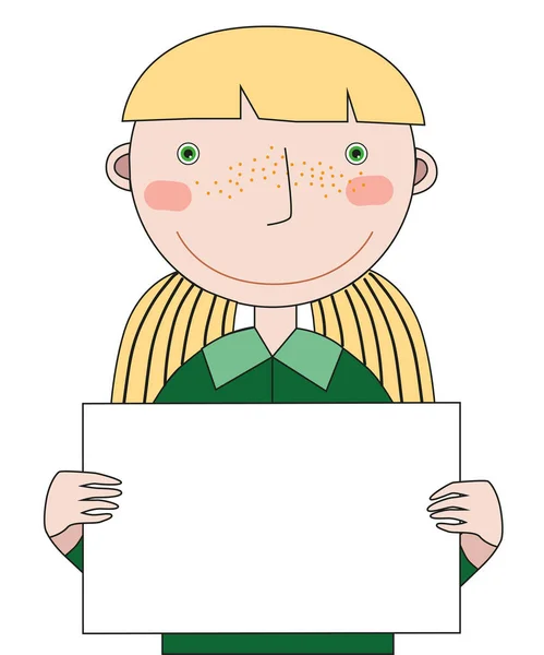 Girl Blond Hair Smiles Holds Sheet Paper — Stock Vector