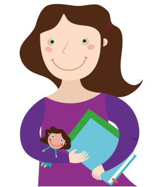 Beyaz arka planda kitap ve oyuncak bebek tutan bir kız.