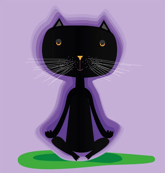 Gato Preto Medita Posição Lótus Cercado Por Uma Aura Roxa — Vetor de Stock