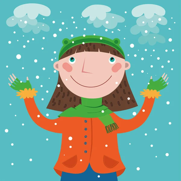 Uma Menina Sorrindo Olha Para Cima Como Primeira Neve Cai — Vetor de Stock