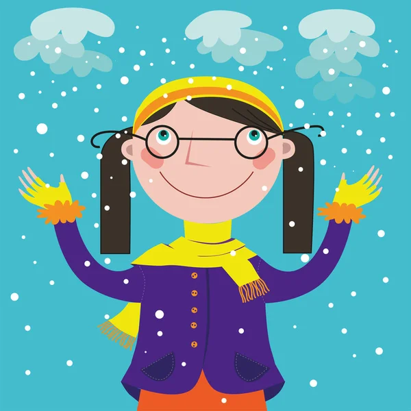 Smiling Girl Glasses Looks First Snow Falls — Stock Vector