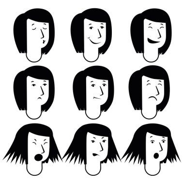Schematic female facial expressions. Black and white graphics clipart