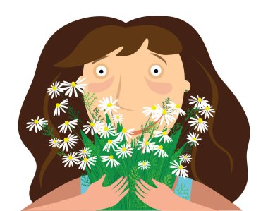 Kız elinde bir buket papatya ve kahkaha tutuyor.