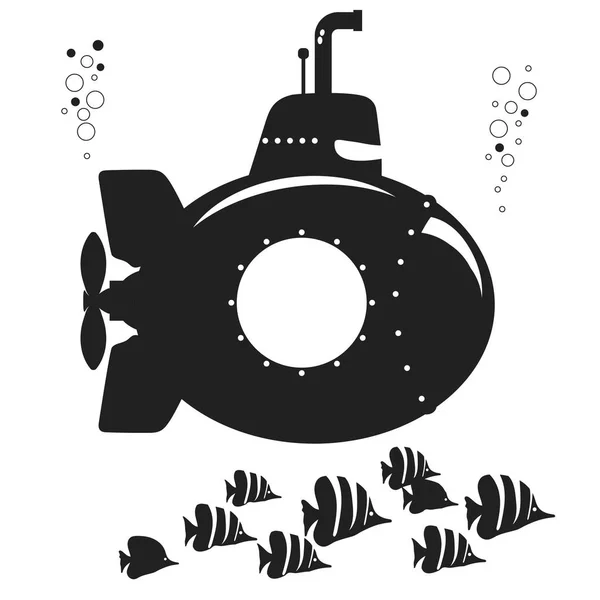 Silhouette Submarine undersea boat with fishes. Vector — Stock Vector