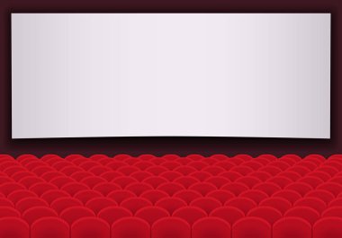Satırları kırmızı koltuk ve boş beyaz ekran ile sinema. Vektör